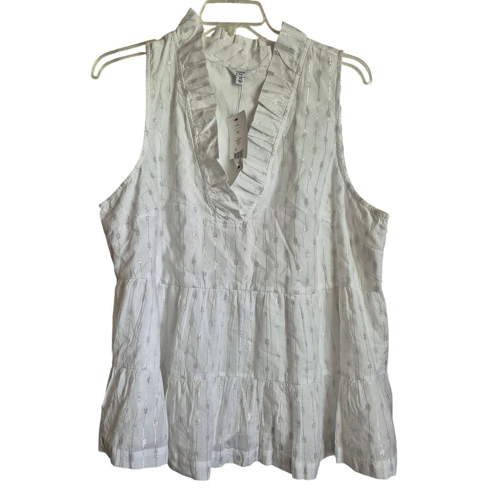 Crown & Ivy Women Shirt White‎ Lined Metallic Size 2X  Peasant Cottage Fairy NWT